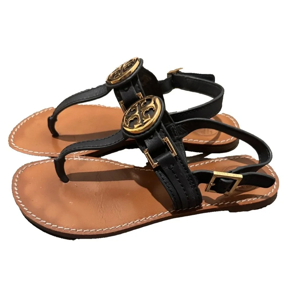 Tory Burch emmy  T-Strap Leather sandals black 6 flats Gold medallion logo shoes